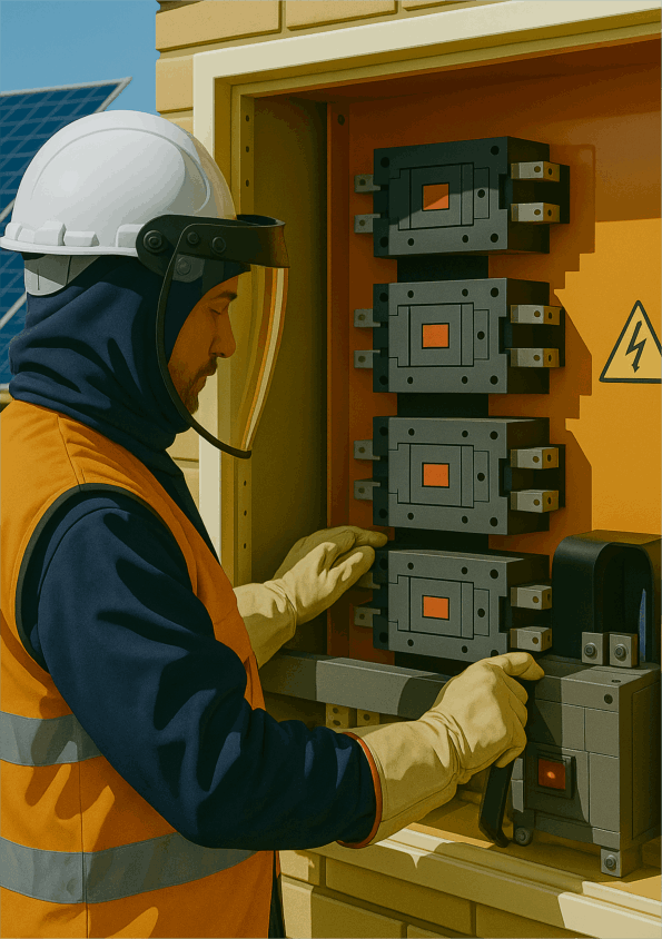 técnico fazendo manutenção em cabine fotovoltáica